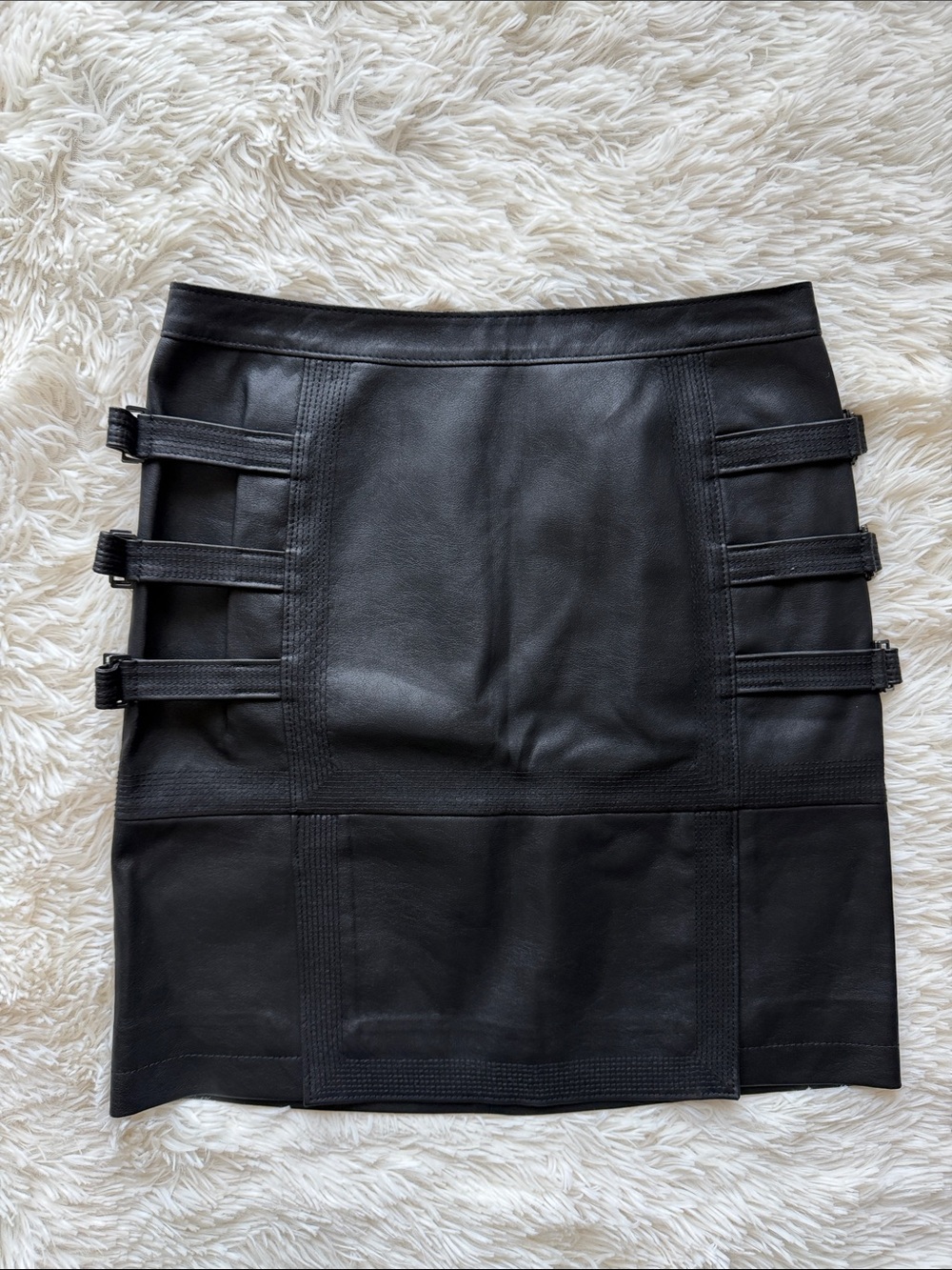 Brand New BCBGMaxAzria Black Faux Leather Mini Skirt with Triple Side Straps